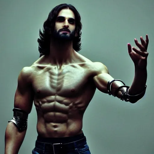 Image similar to “a realistic detailed photo of a guy who is an attractive humanoid who is half robot and half humanoid, who is a male android, Seth Rollins, shiny skin, posing like a statue, blank stare”