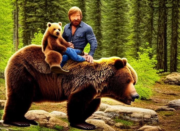 Image similar to photo of chuck norris riding his grizzly bear, in the forest. fantasy magic style. highly detailed 8 k. intricate. nikon d 8 5 0 5 5 mm. award winning photography.