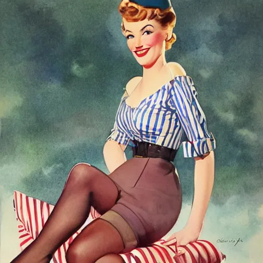 Image similar to full body pin up post war dressing a military unioform,with a park in the back ground, water color, Gil Elvgren style