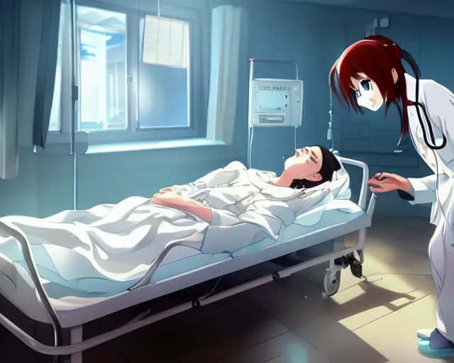 Image similar to a cute and beautiful young female doctor wearing white coat are taking care of a patient on a bed in a hospital ward, slice of life anime, anime scenery by Makoto shinkai