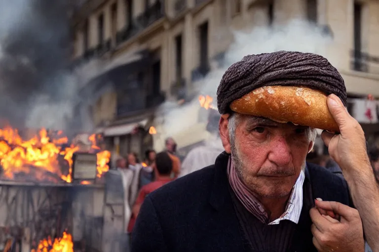 Prompt: closeup potrait of a man carrying baguettes over his head during a scorching fire in Paris, photograph, natural light, sharp, detailed face, magazine, press, photo, Steve McCurry, David Lazar, Canon, Nikon, focus