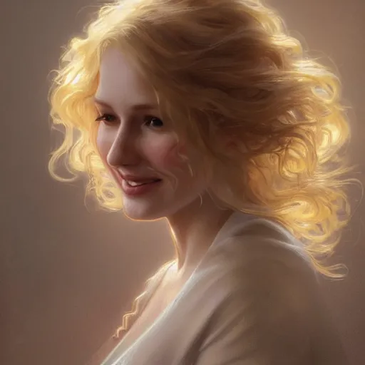 Image similar to A pregnant blond woman with closed eyes smiling, very detailed face, long fluffy curly blond hair, light blond hair, gorgeous, beautiful, intricate, highly detailed, digital painting, artstation, concept art, sharp focus, illustration, art by greg rutkowski and alphonse mucha