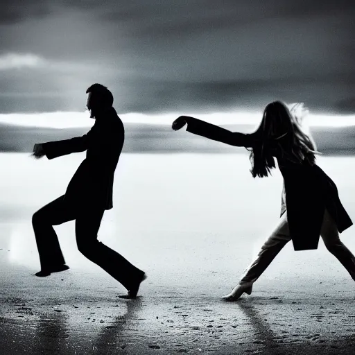 Image similar to realistic cropped photo of a man and woman, both wearing trenchcoats, dancing together on a beach during cloudy weather, at night, and it ’ s dark time
