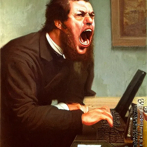 Image similar to an angry man yells at his computer monitor, oil on canvas, 1 8 8 3, highly detailed