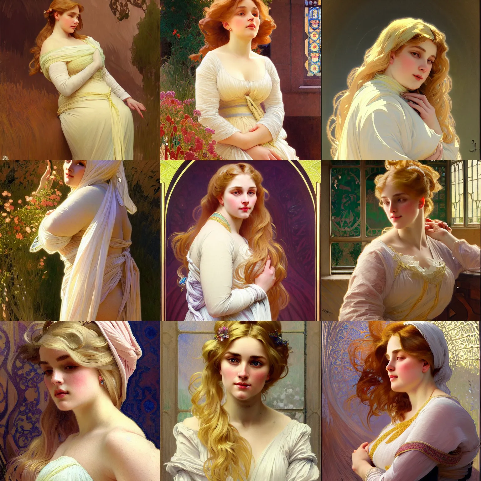 Prompt: painted portrait of a modest wife blessed by god with ever - increasing intelligence beauty and virtue. blonde, modest curvy holy body, light effect. feminine, powerful, in clothes! intricate, elegant, highly detailed, digital painting, artstation, concept art, smooth, sharp focus, illustration, art by gaston bussiere and alphonse mucha