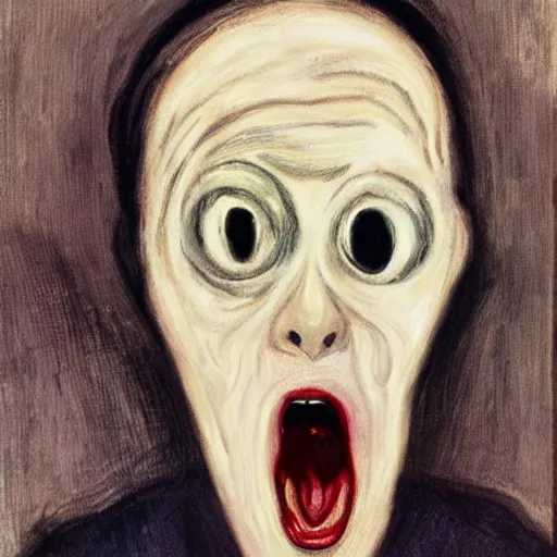 Image similar to portrait of a pale and thin, sickly - looking person of mixed ethnicity uttering a silent scream in the style of edvard munch's the scream.