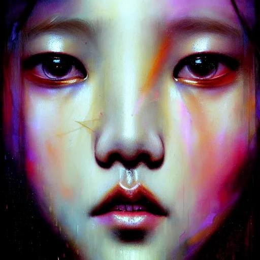 Image similar to jisoo of blackpink, hyperrealistic portrait, bladerunner street, by karol bak and agnes cecile, fantasy art, photo realistic, dynamic lighting, artstation, poster, volumetric lighting, very detailed face, intricate complexity, rule of thirds, 8 k, award winning, unreal engine