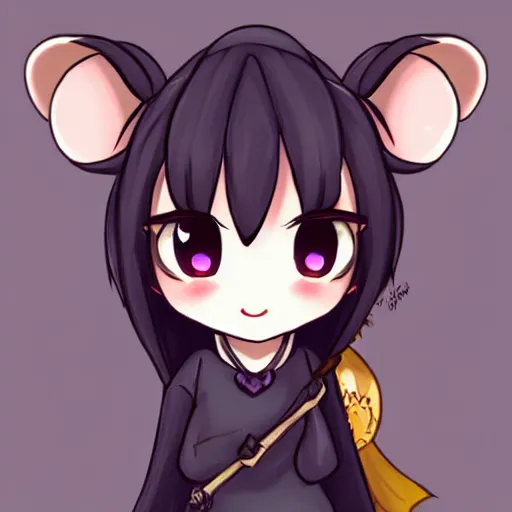 Image similar to headshot of young maple story female mouse, maple story, cute, fantasy, intricate, long hair, dark grey skin, mouse face, maplestory mouse, dark skin, mouse head, mouse ears, black hair, elegant, cartoony, maplestory Deviantart, maplestory character, character art of maple story, smooth, sharp focus, illustration, art by maplestory