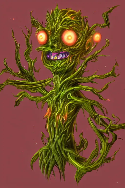 Image similar to a glowing humanoid figure plant monster with large eyes, smiling, highly detailed, digital art, sharp focus, trending on art station, plant, anime art style