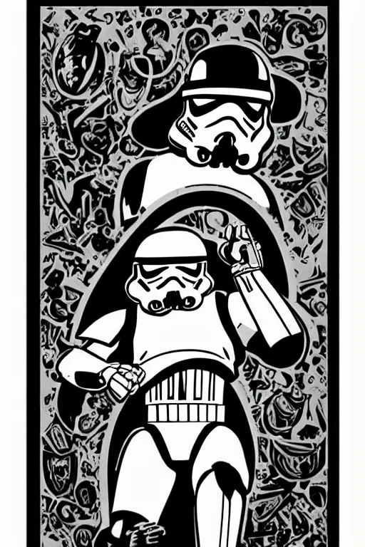 Image similar to “stormtrooper dancing, poster, José Guadalupe Posada style”