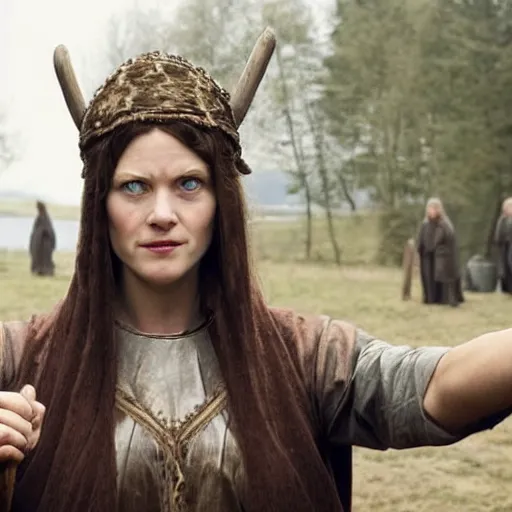Prompt: scene from a 2 0 1 0 film set in medieval scandinavia showing a woman giving the v sign