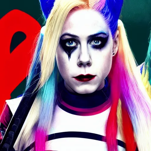 Image similar to an potrait of Avril Lavigne play Harley Quinn in suicide squad movie, 4k