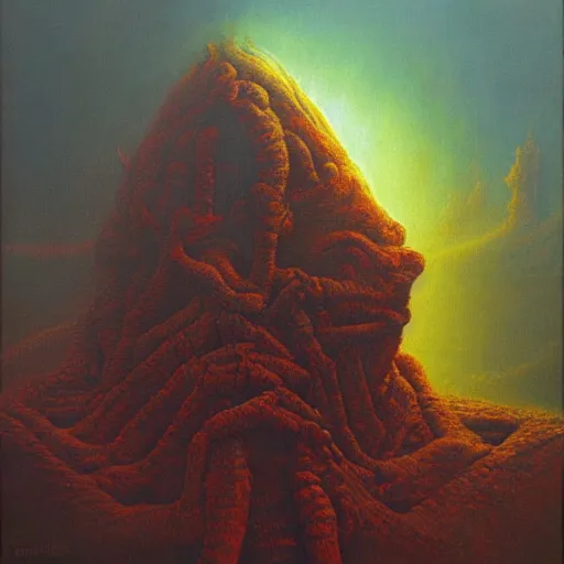 Image similar to god emperor elon musk as a zdzisław beksinski painting