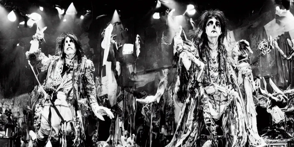 Prompt: Alice cooper on stage by terry Gilliam, detailed, weird, surrealistic,