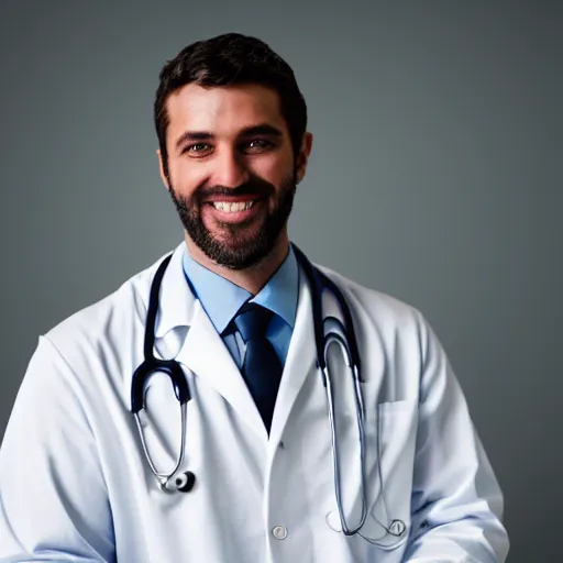 Prompt: photograph of a smiling doctor