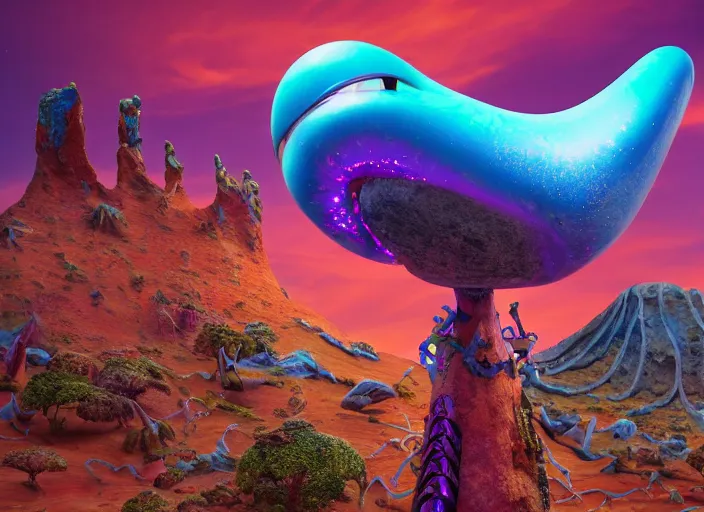 Image similar to close up photograph of a strange surrealist detailed alien electronic-musical-instrument!!, designed by pixar!!, in the background is a bryce 3d surrealist landscape biome, hyper detailed, photorealistic, 8k, hd