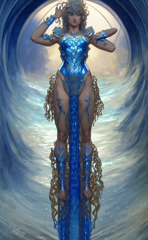 Image similar to a goddess of water wearing blue armor, with arms and hair turning into water, fantasy, intricate, elegant, highly detailed, digital painting, artstation, concept art, wallpaper, smooth, sharp focus, illustration, art by artgerm and greg rutkowski and alphonse mucha