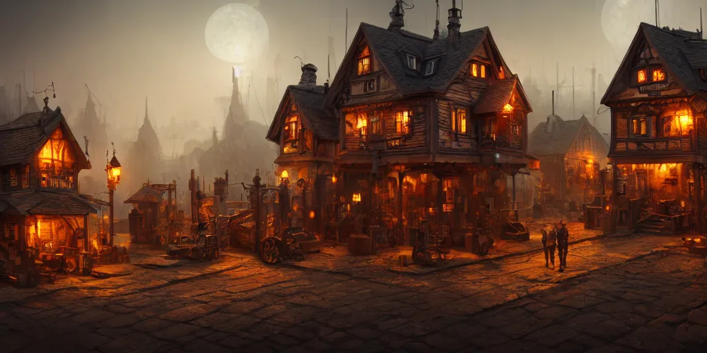 Image similar to a small steampunk wooden village, rich, cyborgs, dark aesthetic, soft colours, natural, steam, big clocks, concept art, octane render, unreal engine, in the style of luca guadagnino, highly detailed, high quality, artstation, digital art, 8 k hdr, cinematic, dramatic lighting, scenic, rich colour scheme