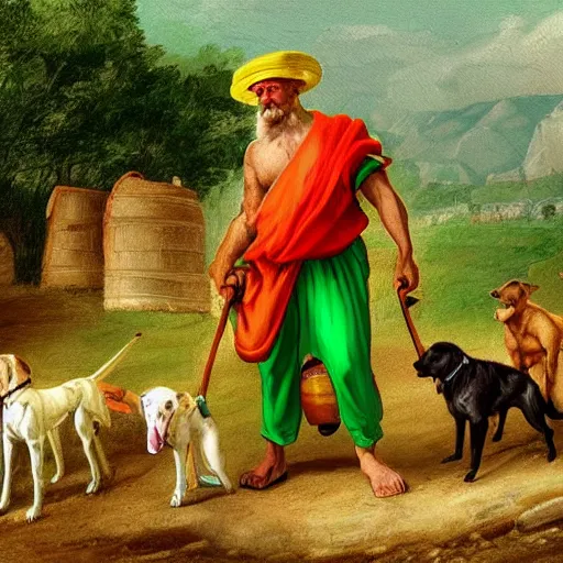 Prompt: Diogenes wearing a bright green! cap! hat, near his barrel home, with dogs, beautiful, digital painting, highly detailed