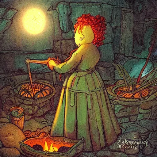 Image similar to the blacksmits’ daughter, working in the forge, fantasy art in the style of Elsa Beskow,