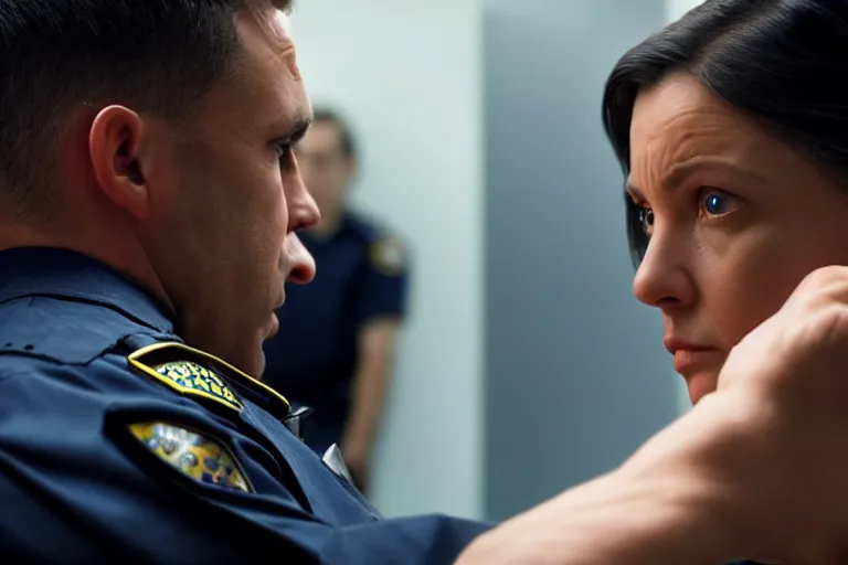 Image similar to vfx film closeup, police detective couple arguing in police precinct, over the shoulder shot, flat color profile low - key lighting award winning photography arri alexa cinematography, hyper real photorealistic cinematic beautiful natural skin, famous face, atmospheric cool colorgrade