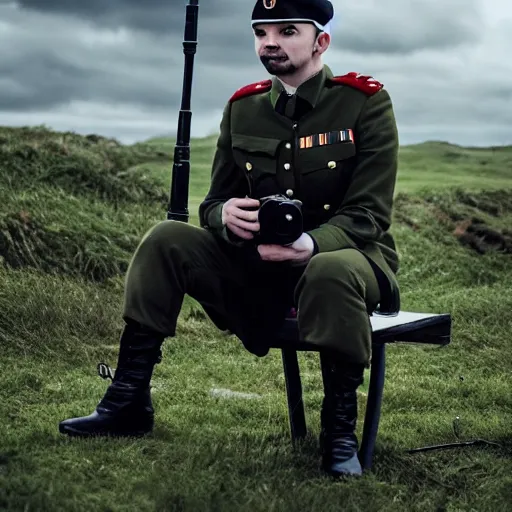 Prompt: Jacksepticeye wearing an Irish Military uniform, photorealistic, cinematic lighting, shot on iphone
