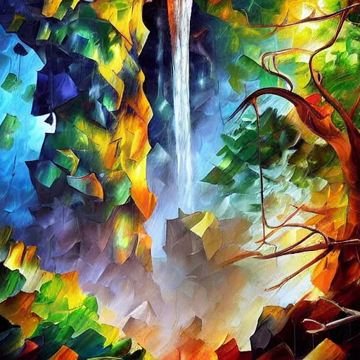 Image similar to overgrowth waterfall mushroom rich 8 k geometric by antoni gaudi, android jones, leonid afremov