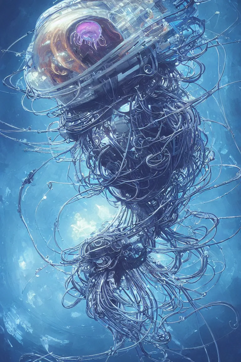 Image similar to a hyper detailed painting of a cyberpunk jellyfish, cables everywhere, blue tones, underwater, highly detailed, digital painting, artstation, concept art, smooth, sharp focus, illustration, art by artgerm and greg rutkowski and alphonse mucha