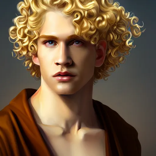 Prompt: the pale blond androgynous male god of the sun, highly detailed, very very very curly golden blond hair, baroque curls, curtain bangs, central parted fringe, extremely luscious curly blond hair, very very very pale white skin, digital painting, artstation, concept art, soft light, sharp focus, illustration