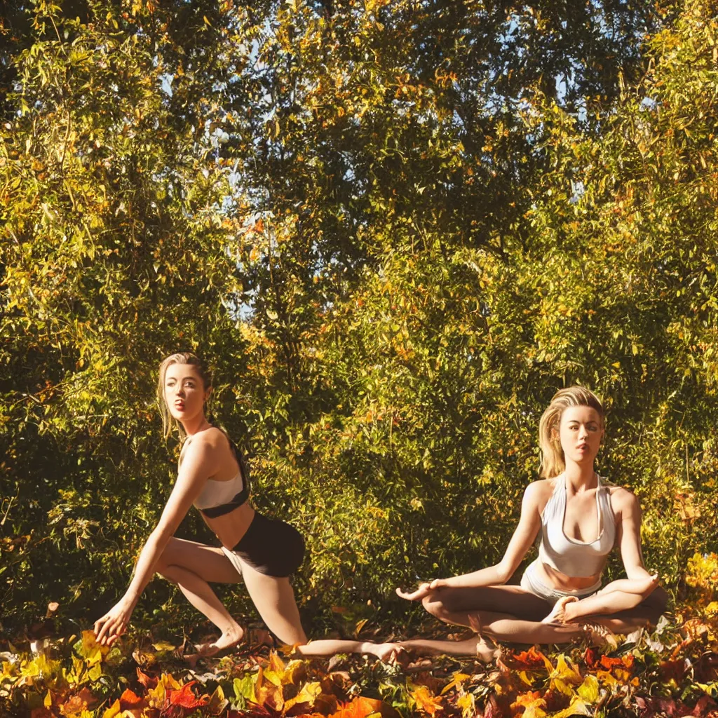Prompt: Amber heard in yoga pose in his garden, sunlights in autumn afternoon, some vegetation and trees in background, photorealism, 35 mm lens photo shot