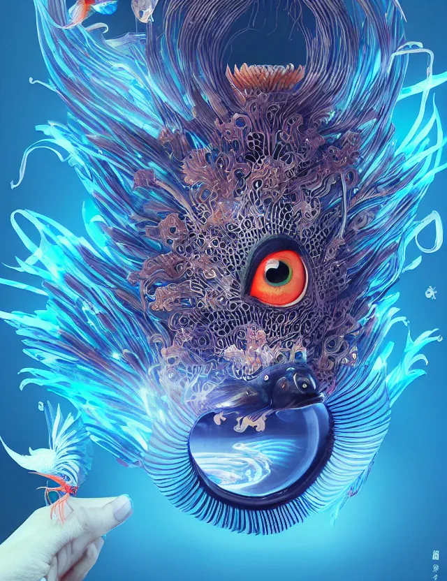 Image similar to 3 d eye of god. beautiful intricately detailed japanese crow kitsune mask and clasical japanese kimono. betta fish, jellyfish phoenix, bio luminescent, plasma, ice, water, wind, creature, artwork by tooth wu and wlop and beeple and greg rutkowski