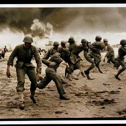 Image similar to ww 2 realistic photo in color beach landing, battle on the beach, blood everywhere, explosions
