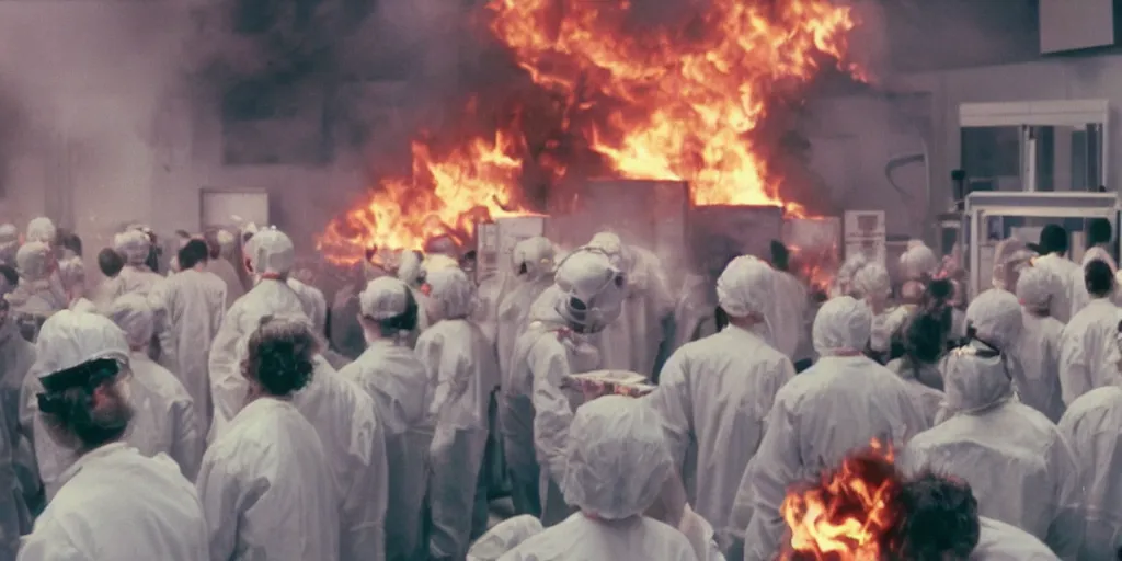 Image similar to filmic closeup dutch angle movie still 4k UHD 35mm film color photograph of a crowd of doctors burning alive inside of a science lab , in the style of a 1980s horror film