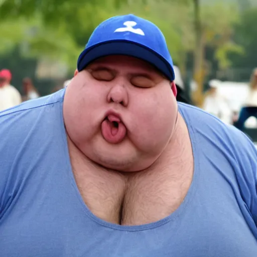 Image similar to crying hard obese man wearing a blue cap with a P on it