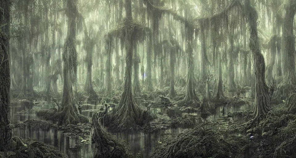 Image similar to A dense and dark enchanted forest with a swamp, by James Gurney