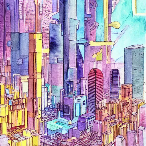 Prompt: utopian future city ruled by ai overlord, watercolor painting