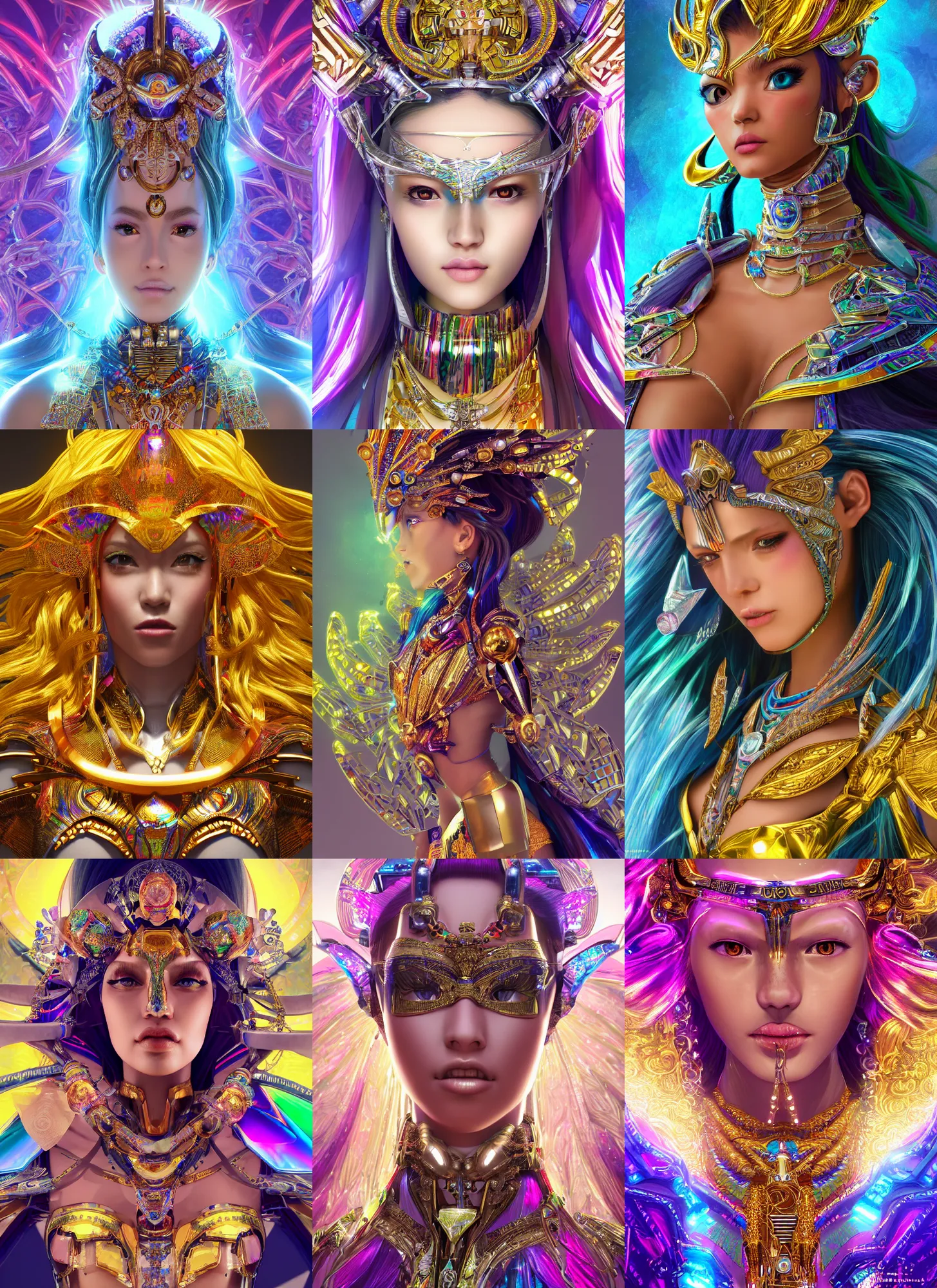 Prompt: angle profile portrait, hyperdetailed stunningly beautiful female aztec sungodess robot made of iridescent metals and shiny gems, ethereal rainbow nimbus, golden necklace, noble perfect inspired by ross tran and wlop and masamune shirow and kuvshinov, concept art, intricate, highly detailed, photorealistic, octane render, 8 k, huang guangjian, cgsociety