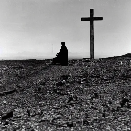 Image similar to a lone man is kneeling before a wooden cross in a barren wasteland as the plume from the explosion of a nuclear bomb is seen in the distance