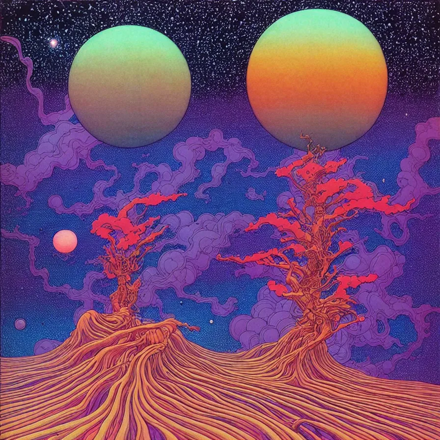 Image similar to ( ( ( ( beautiful gas cloud, strange planet, unique forest ) ) ) ) by mœbius!!!!!!!!!!!!!!!!!!!!!!!!!!!, overdetailed art, colorful, artistic record jacket design