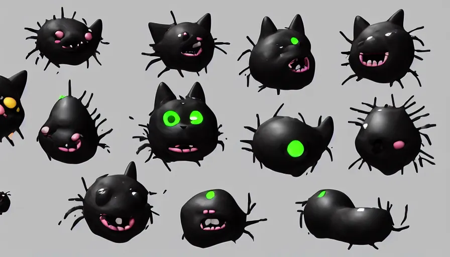 Prompt: a digital art portrait of black slime cat character design from five nights at freddy, cute liquid ink cat character sheet, 4 k, ultra detail, volumetric lighting, unreal engine, octane render