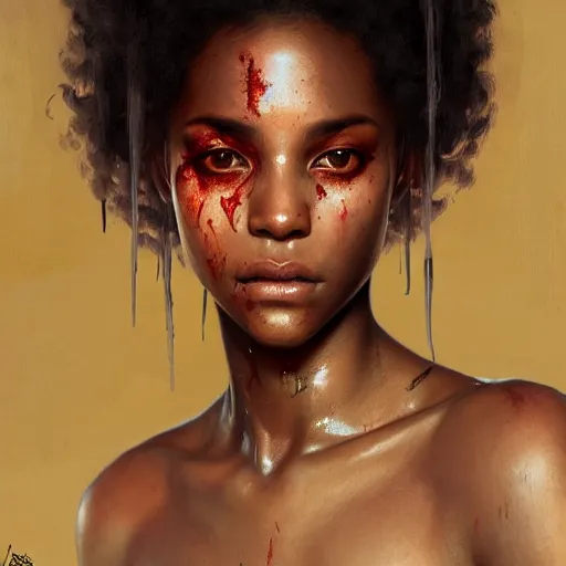 Prompt: portrait painting of beautiful bloodied black girl, ultra realistic, concept art, intricate details, eerie, highly detailed, photorealistic, octane render, 8 k, unreal engine. art by artgerm and greg rutkowski and alphonse mucha