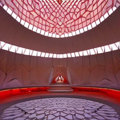 Image similar to interior of a futuristic lotus temple with gold, red and white marble panels, in the desert, by buckminster fuller and syd mead, intricate contemporary architecture, photo journalism, photography, cinematic, national geographic photoshoot