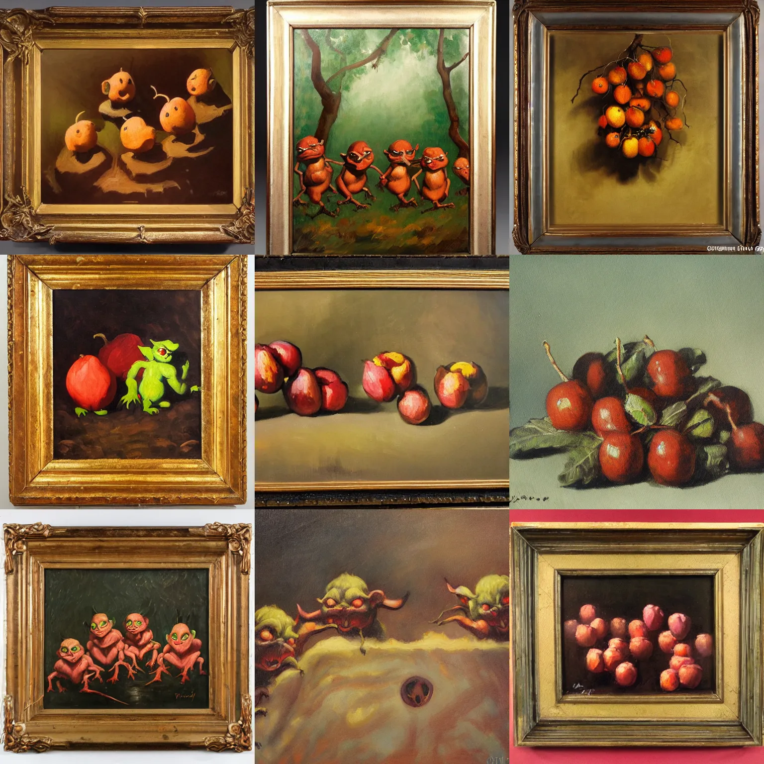 Prompt: tonalist painting of crataegus fruit goblins with big eyes, studio lighting, expressive, visible brushstrokes, chiaroscuro, art nouveau