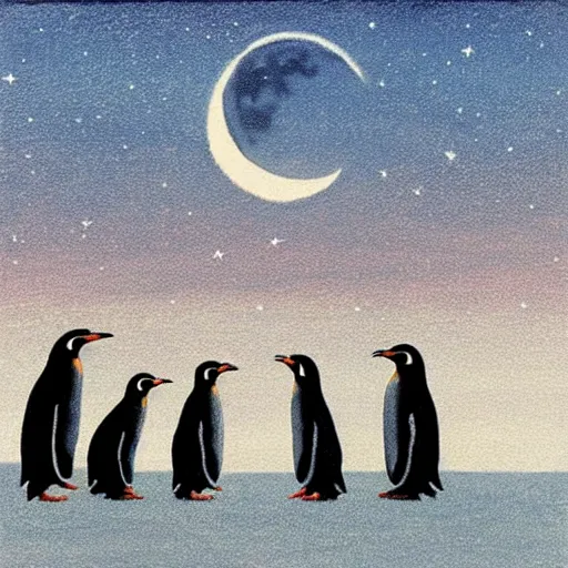 Prompt: Three penguins, moon, grassland, starry sky, sea ,artwork by Quint Buchholz .