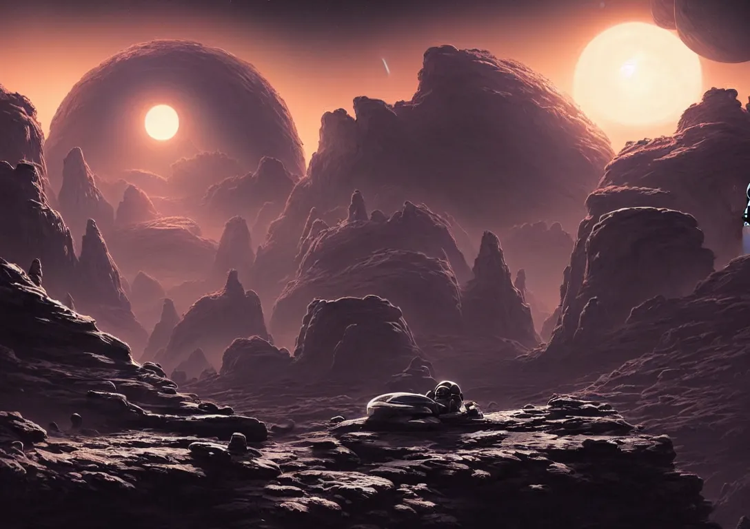 Image similar to no man's sky astronaut exploring a strange surface of another planet at dusk ruins of ancient civilization, ultra high definition, ultra detailed, symmetry, sci - fi, in style of star citizen and greg rutkowski and ross tran