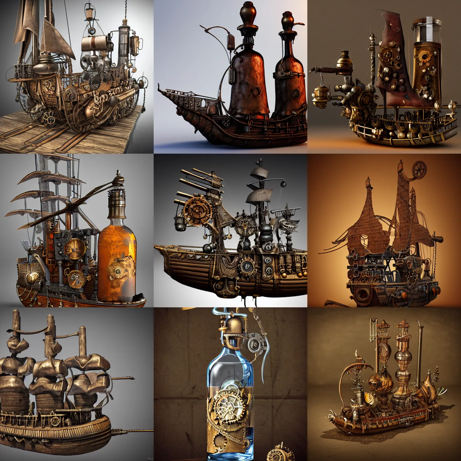 Prompt: a detailed steampunk pirate ship in the bottle, glass bottle, 3d render, trending on artstation, smooth defined edges, sharp focus, 4k