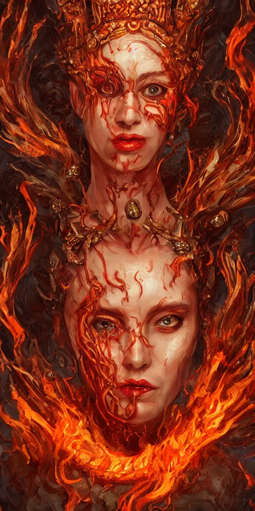 Image similar to Fantasy character portrait of distorted detailed painting of a queen woman made of fire, hyper detailed, red flames, trending on Artstation