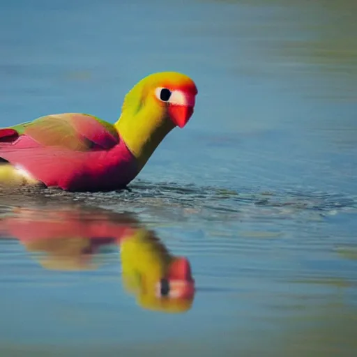 Image similar to lovebird sitting in water, reflective, sunny day, landscape photography