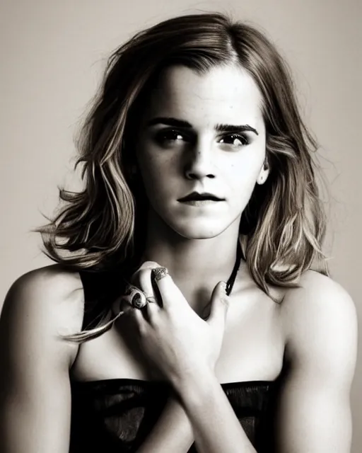 Prompt: A photo of tough looking emma watson. she has wedding rings on his fingers. 50 mm. perfect ring. award winning photography