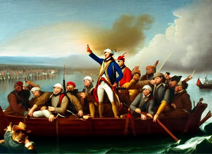 Image similar to oil painting of Washington Crossing the Delaware but everyone is looking at cell phones and Washington is taking a selfie